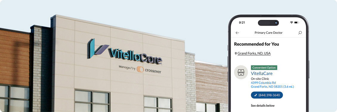 Exterior of VitellaCare clinic and screenshot of app