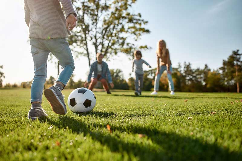 Happy family playing with a ball on meadow